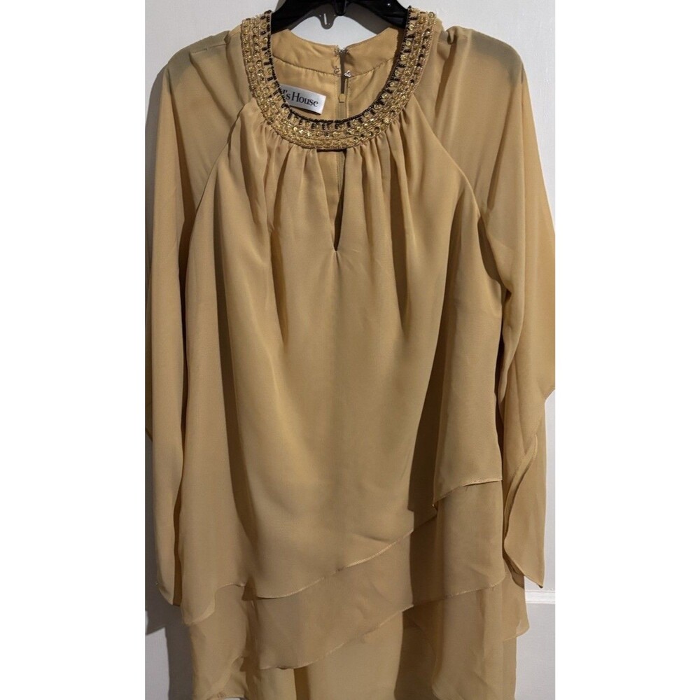JJ's House Beaded Neckline Layered Gold Chiffon Formal Dress Blouse Fairy Boho - Picture 3 of 5